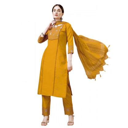 Generic Women's Casual 3-4 th Sleeve Embroidery Cotton Kurti Pant Dupatta Set (Yellow)