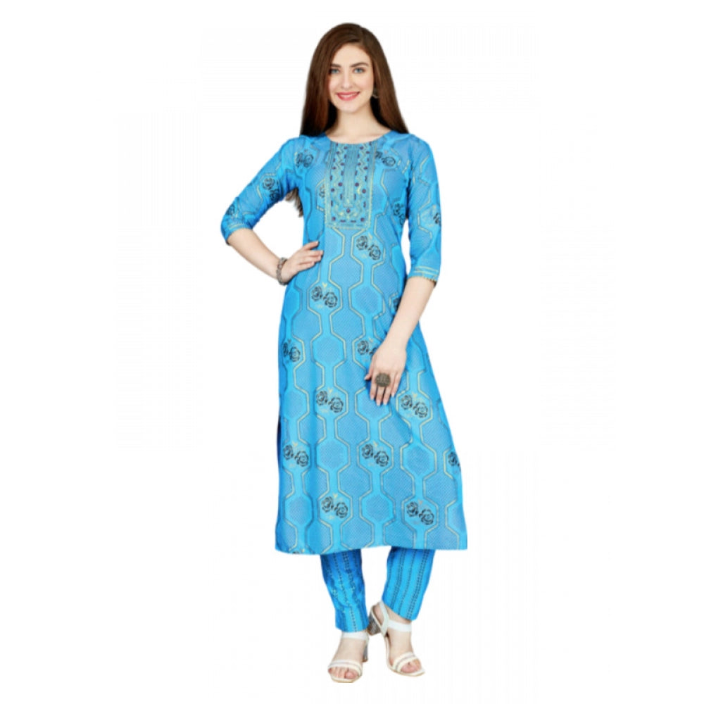 Generic Women's Casual 3-4 th Sleeve Embroidery Rayon Kurti Pant Set (Light Blue)