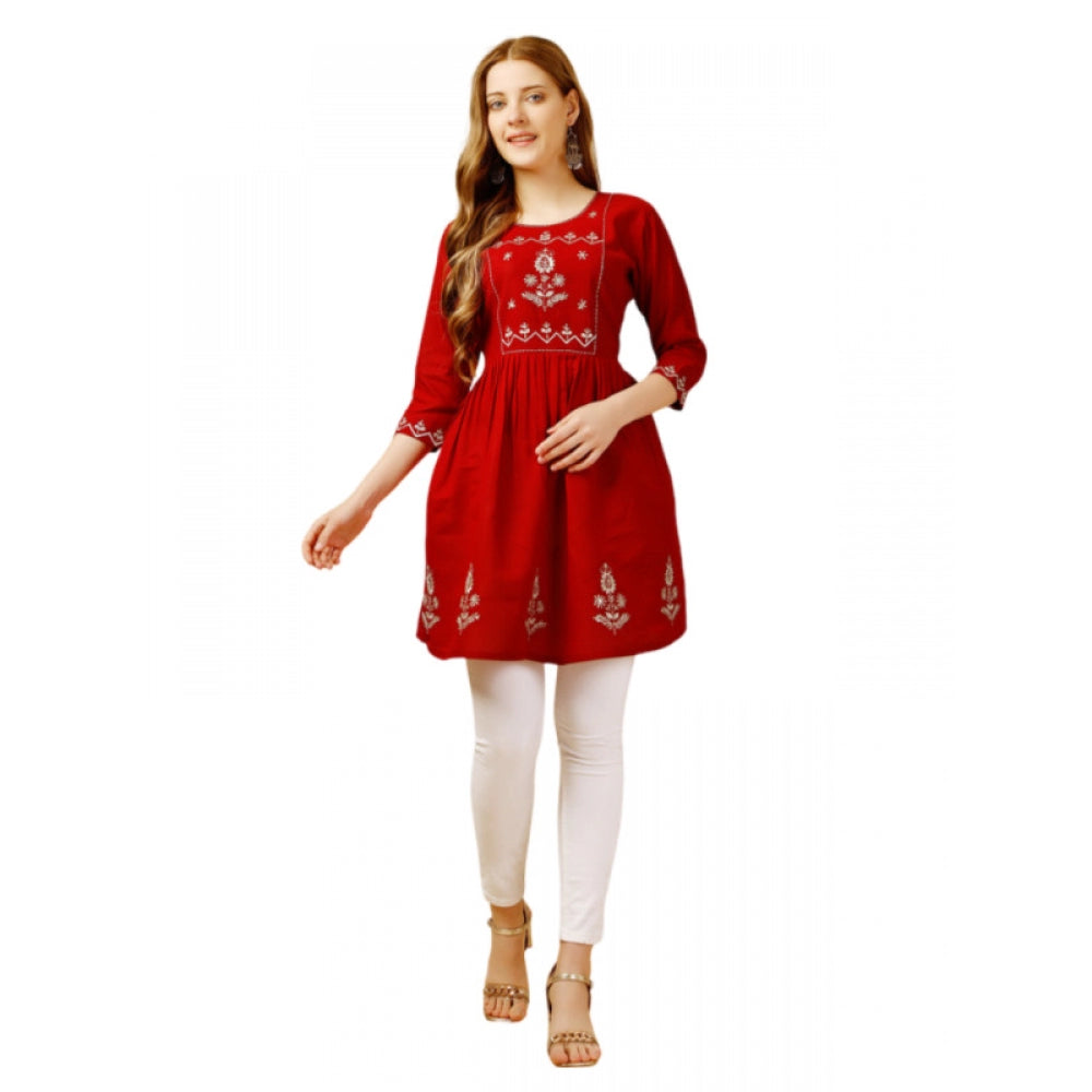 Generic Women's Casual 3-4 th Sleeve Embroidered Rayon Tunic Top (Red)