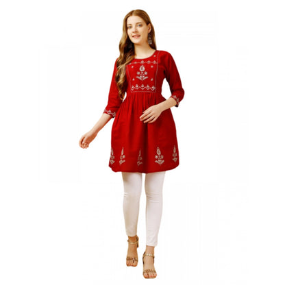 Generic Women's Casual 3-4 th Sleeve Embroidered Rayon Tunic Top (Red)