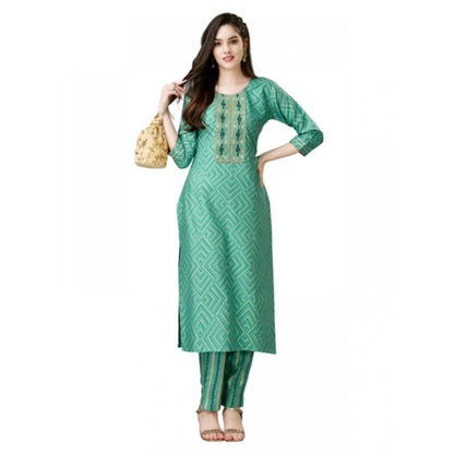 Generic Women's Casual 3-4 th Sleeve Embroidery Rayon Kurti Pant Set (Green)