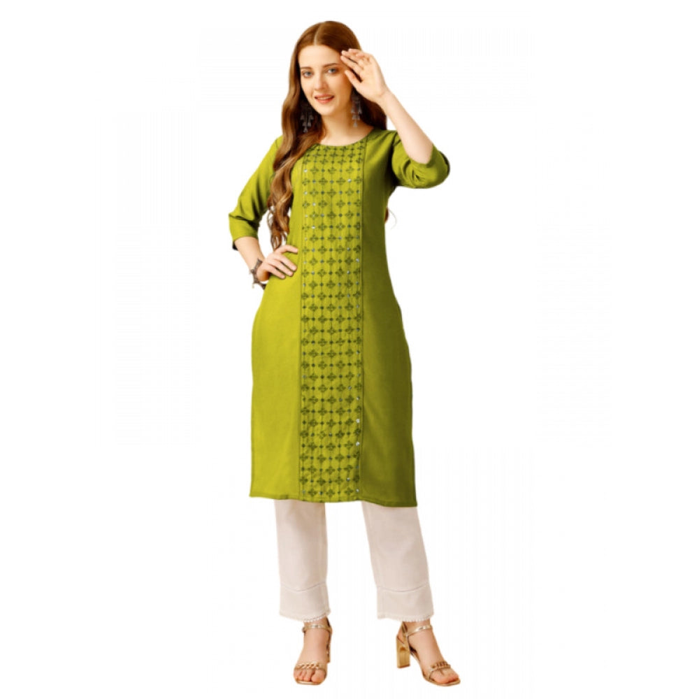 Generic Women's Casual 3-4 th Sleeve Embroidery Cotton Kurti Pant Set (Green)