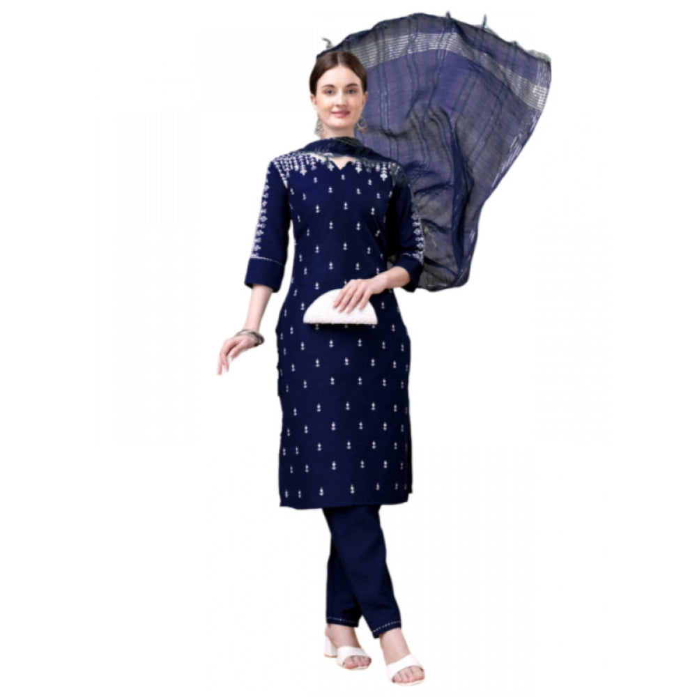 Generic Women's Casual 3-4 th Sleeve Embroidery Cotton Kurti Pant Dupatta Set (Dark Blue)