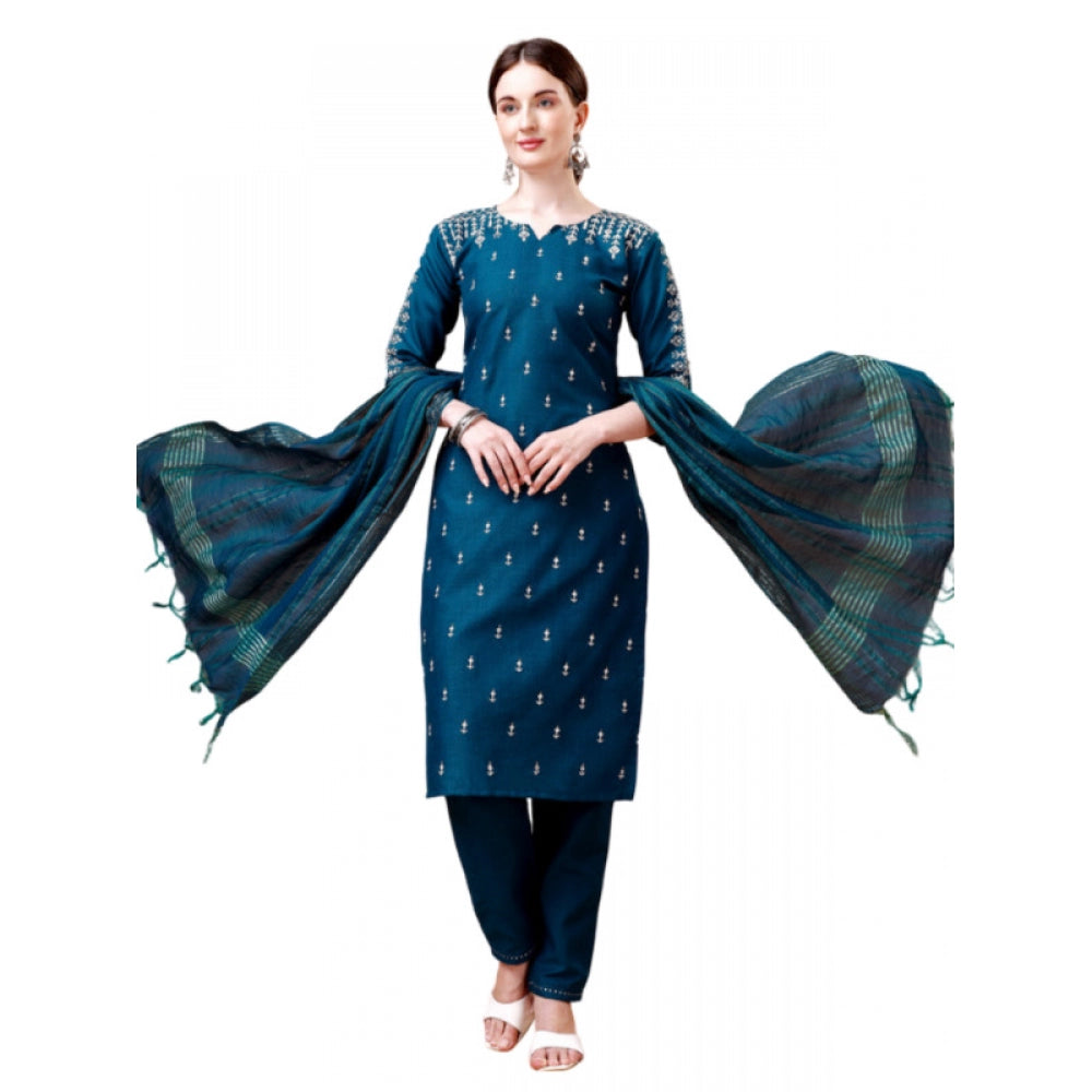 Generic Women's Casual 3-4 th Sleeve Embroidery Cotton Kurti Pant Dupatta Set (Blue )