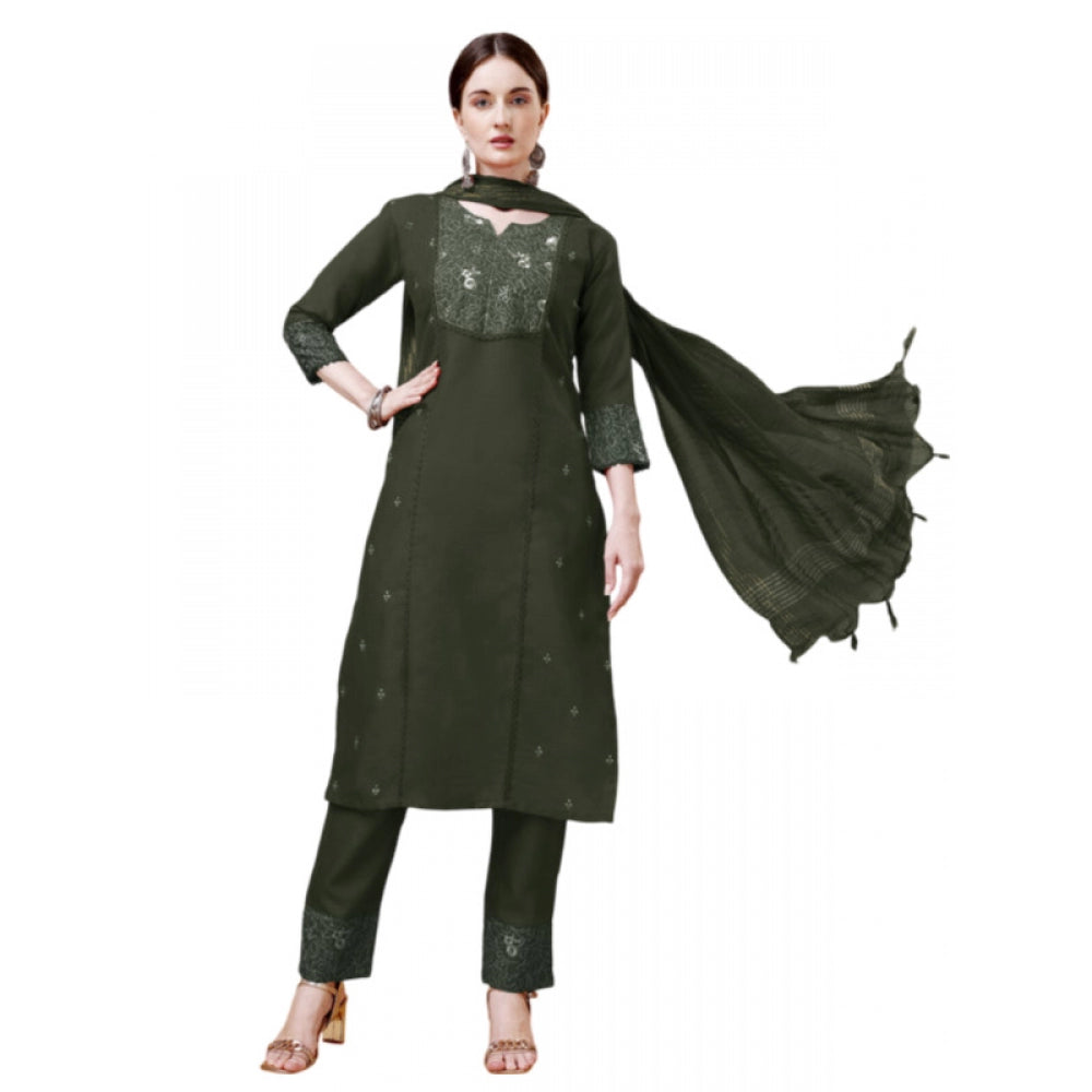 Generic Women's Casual 3-4 th Sleeve Embroidery Cotton Kurti Pant Dupatta Set (Dark Green)