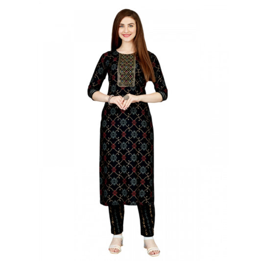 Generic Women's Casual 3-4 th Sleeve Embroidery Rayon Kurti Pant Set (Black)