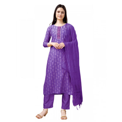 Generic Women's Casual 3-4 th Sleeve Embroidery Rayon Kurti Pant Dupatta Set (Purple)