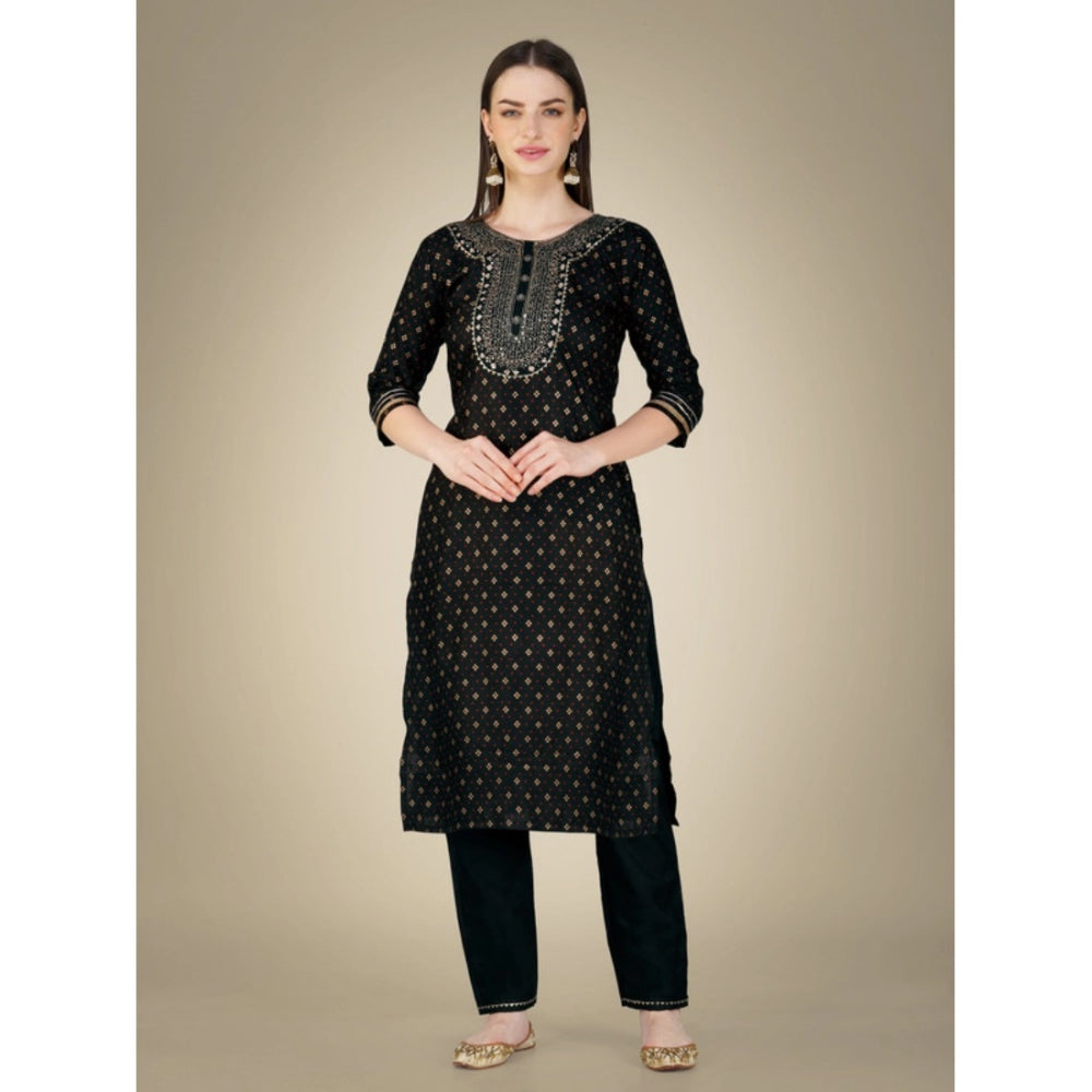 Generic Women's Casual 3-4 th Sleeve Embroidery Cotton Kurti Pant Dupatta Set (Black)