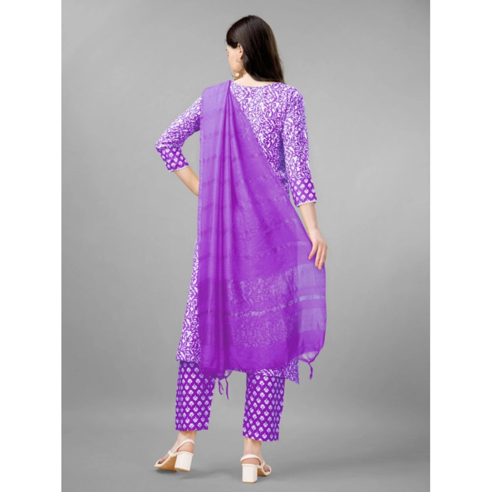 Generic Women's Casual 3-4 th Sleeve Embroidery Rayon Kurti Pant Dupatta Set (Purple)