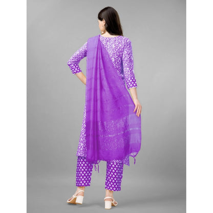 Generic Women's Casual 3-4 th Sleeve Embroidery Rayon Kurti Pant Dupatta Set (Purple)