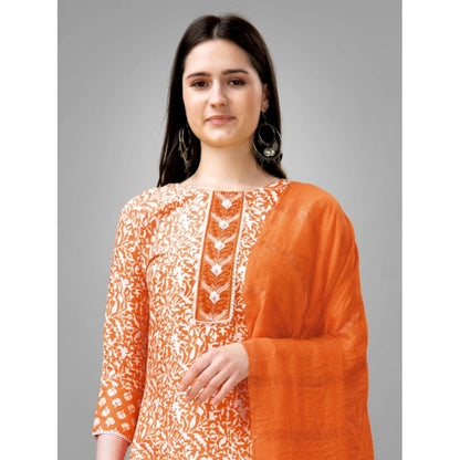 Generic Women's Casual 3-4 th Sleeve Embroidery Rayon Kurti Pant Dupatta Set (Orange)