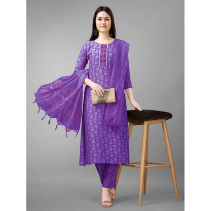 Generic Women's Casual 3-4 th Sleeve Embroidery Rayon Kurti Pant Dupatta Set (Purple)