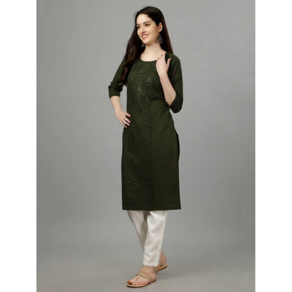 Generic Women's Casual 3-4 th Sleeve Embroidery Cotton Kurti (Dark Green)