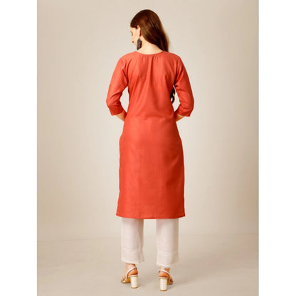 Generic Women's Casual 3-4 th Sleeve Embroidery Cotton Kurti Pant Set (Orange)