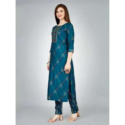 Generic Women's Casual 3-4 th Sleeve Embroidery Rayon Kurti Pant Set (Dark Blue)