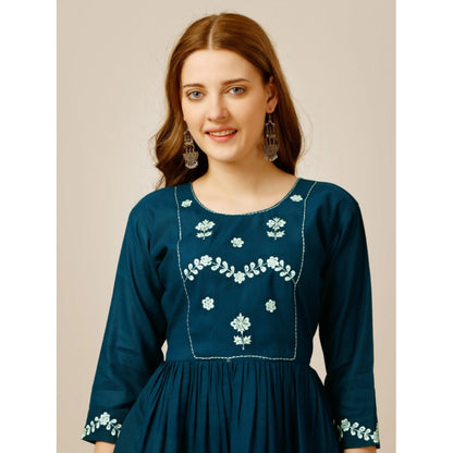 Generic Women's Casual 3-4 th Sleeve Embroidered Rayon Tunic Top (Blue)