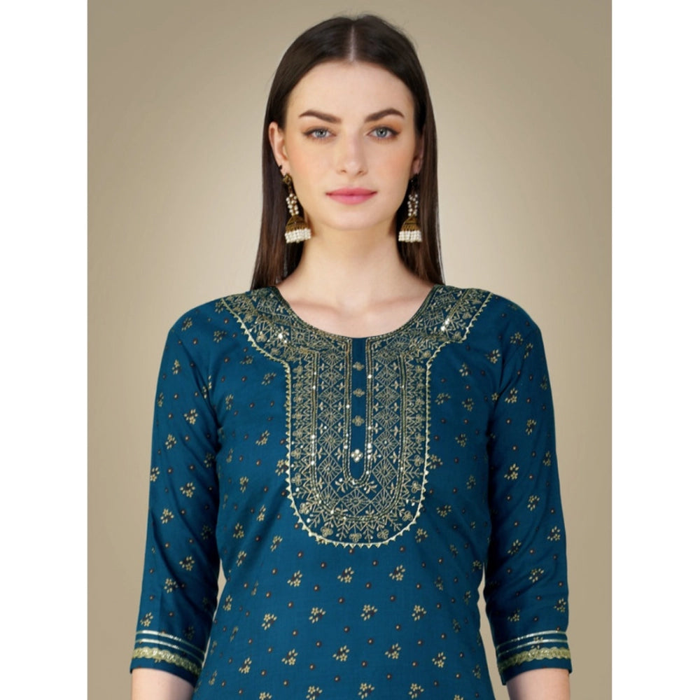 Generic Women's Casual 3-4 th Sleeve Embroidery Cotton Kurti Pant Dupatta Set (Blue )