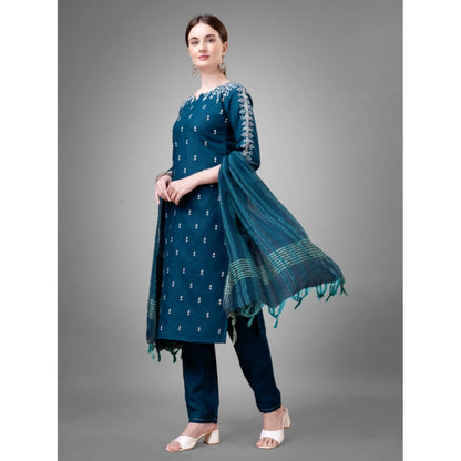 Generic Women's Casual 3-4 th Sleeve Embroidery Cotton Kurti Pant Dupatta Set (Blue )