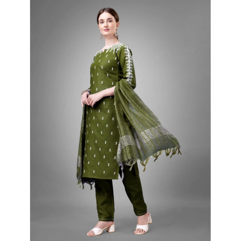 Generic Women's Casual 3-4 th Sleeve Embroidery Cotton Kurti Pant Dupatta Set (Green)