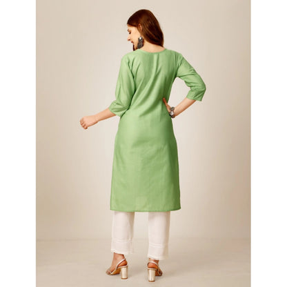 Generic Women's Casual 3-4 th Sleeve Embroidery Cotton Kurti Pant Set (Pista Green)