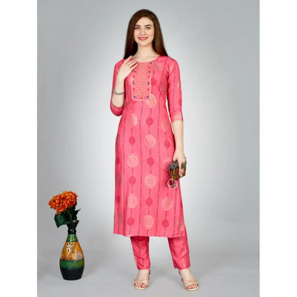 Generic Women's Casual 3-4 th Sleeve Embroidery Rayon Kurti Pant Set (Pink)