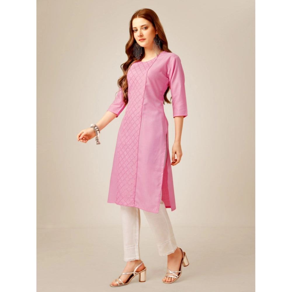 Generic Women's Casual 3-4 th Sleeve Embroidery Cotton Kurti Pant Set (Pink)