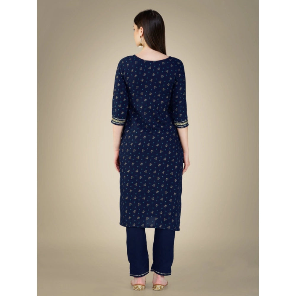 Generic Women's Casual 3-4 th Sleeve Embroidery Cotton Kurti Pant Dupatta Set (Dark Blue)