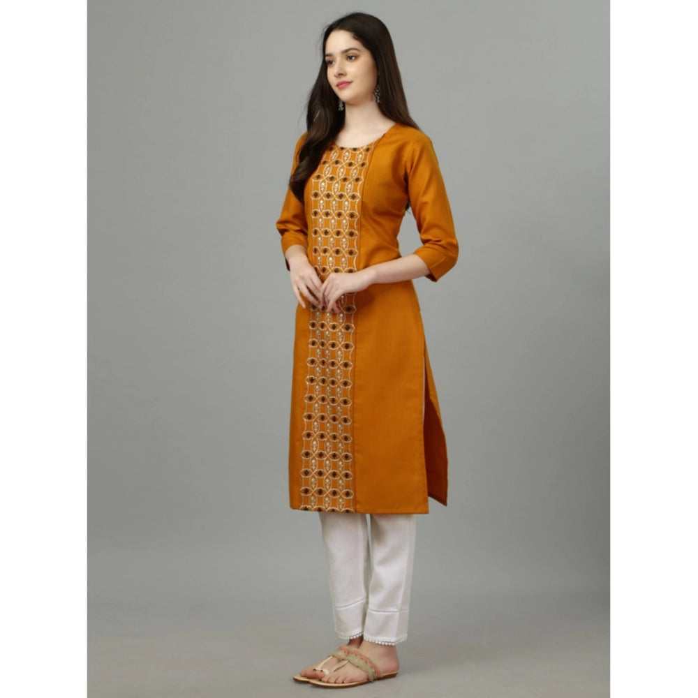 Generic Women's Casual 3-4 th Sleeve Embroidery Cotton Kurti (Mustard)