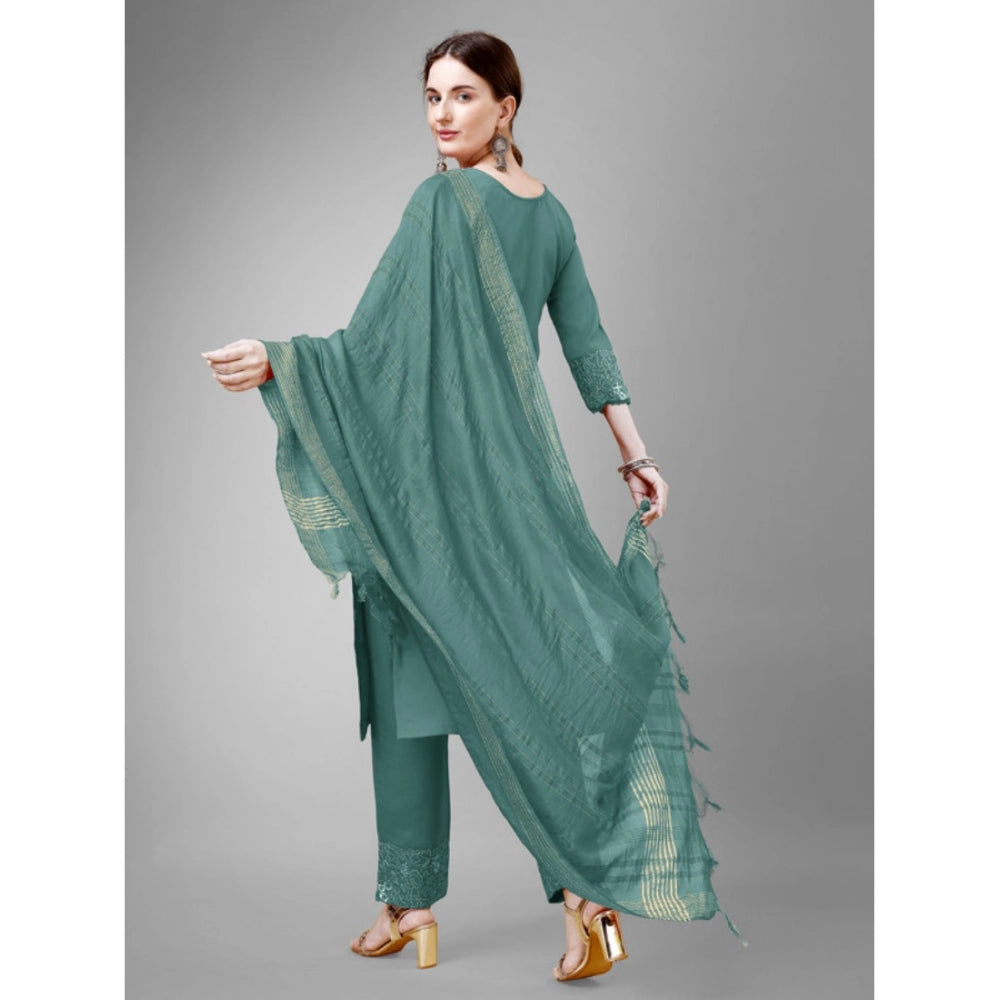 Generic Women's Casual 3-4 th Sleeve Embroidery Cotton Kurti Pant Dupatta Set (Teal)