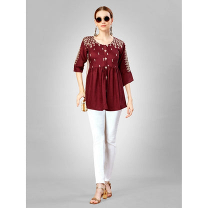 Generic Women's Casual 3-4 th Sleeve Embroidered Silk Tunic Top (Rust)