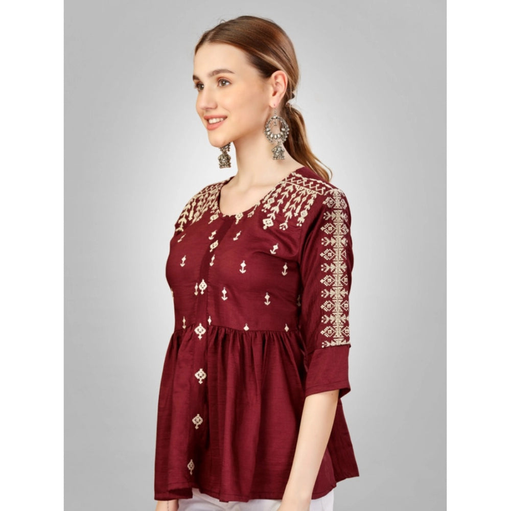 Generic Women's Casual 3-4 th Sleeve Embroidered Silk Tunic Top (Rust)