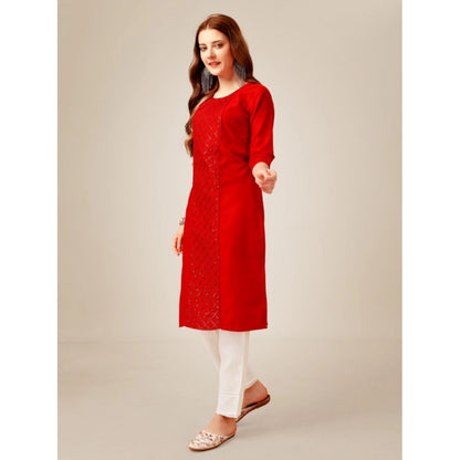 Generic Women's Casual 3-4 th Sleeve Embroidery Cotton Kurti Pant Set (Red)