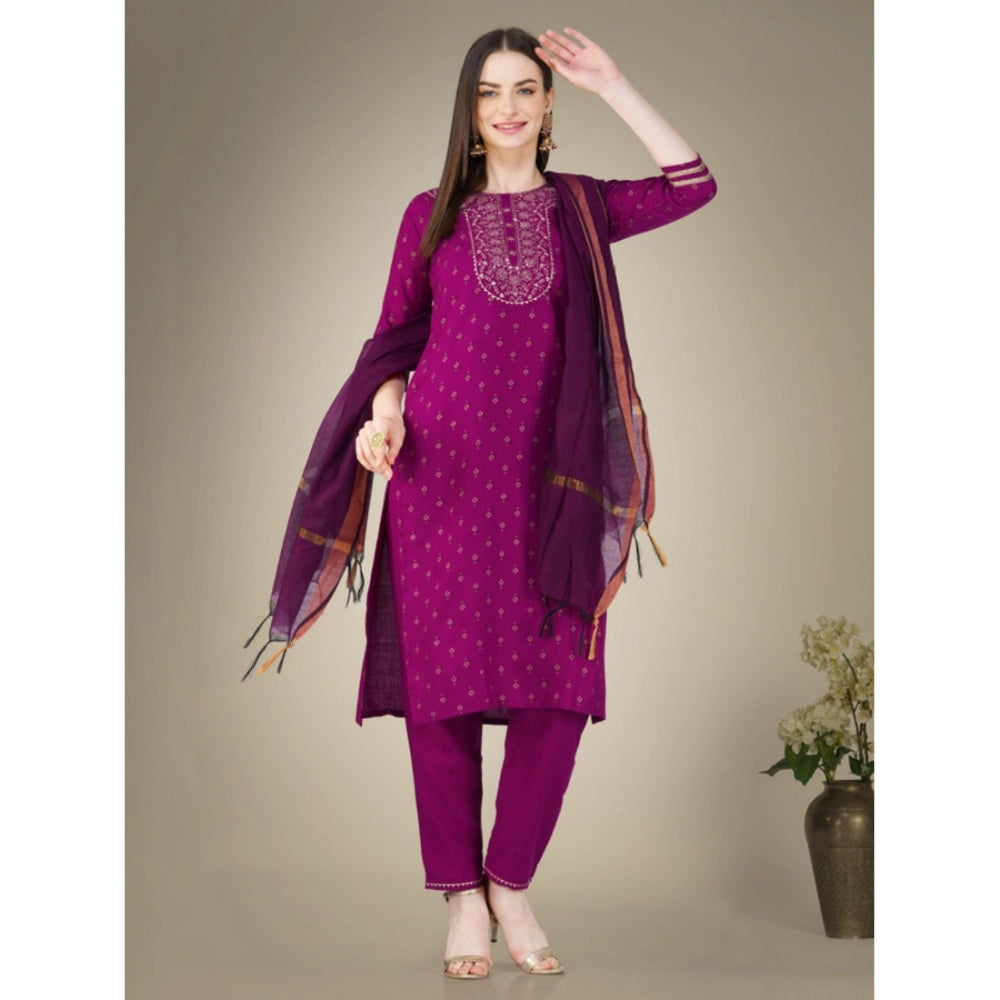 Generic Women's Casual 3-4 th Sleeve Embroidery Cotton Kurti Pant Dupatta Set (Purple)