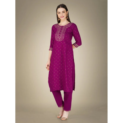 Generic Women's Casual 3-4 th Sleeve Embroidery Cotton Kurti Pant Dupatta Set (Purple)