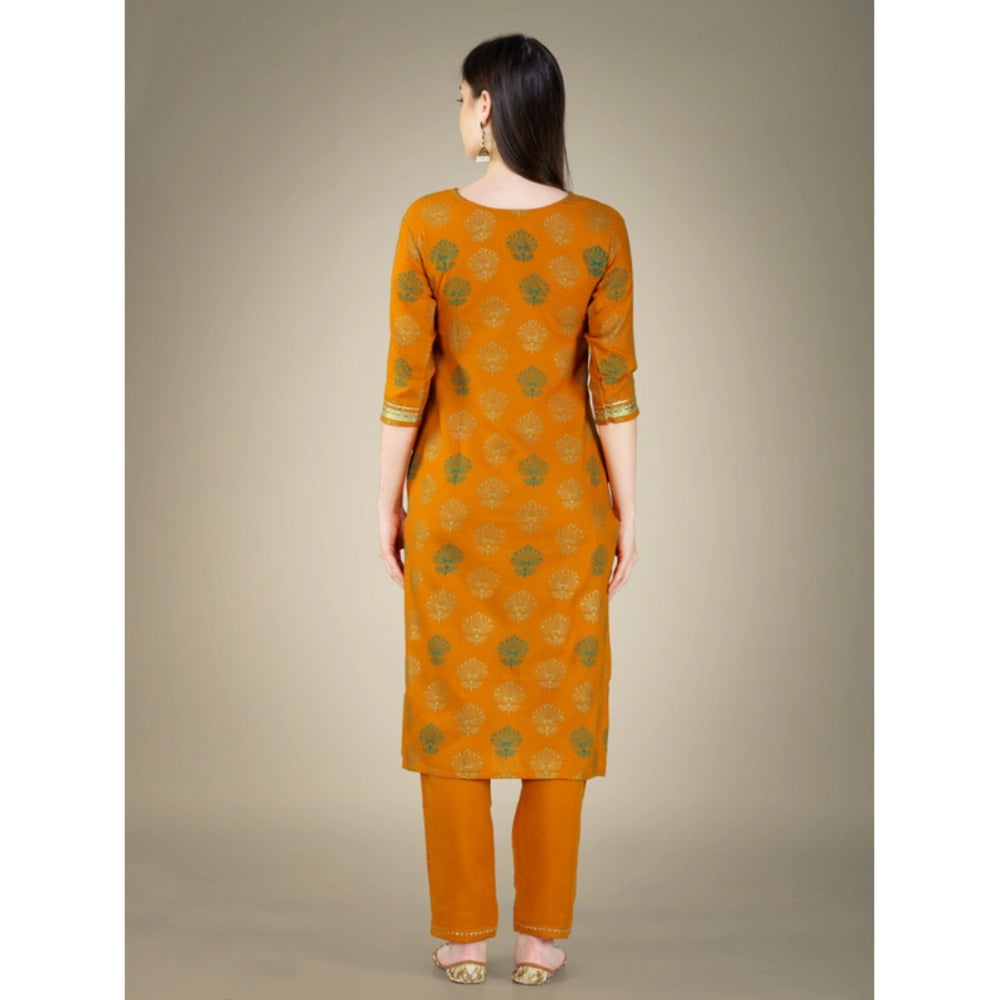 Generic Women's Casual 3-4 th Sleeve Embroidery Cotton Kurti Pant Dupatta Set (Yellow)