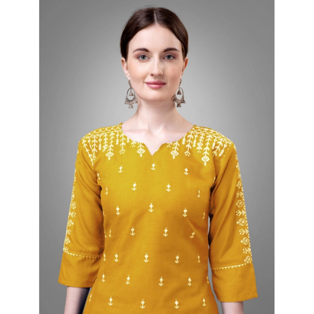 Generic Women's Casual 3-4 th Sleeve Embroidery Cotton Kurti Pant Dupatta Set (Yellow)