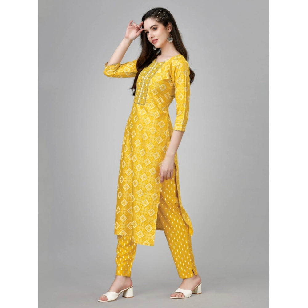 Generic Women's Casual 3-4 th Sleeve Embroidery Rayon Kurti Pant Set (Yellow)