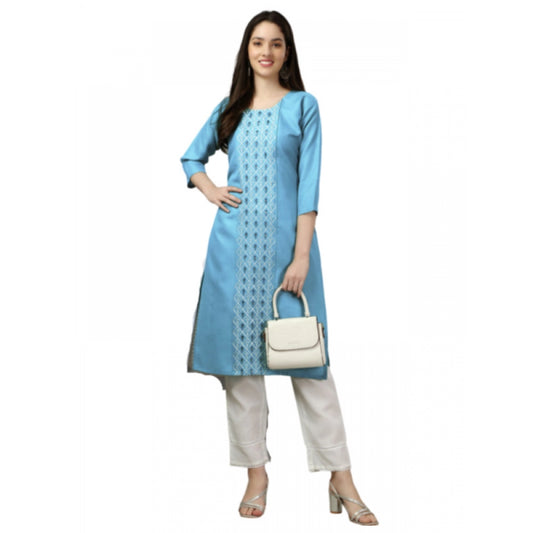 Generic Women's Casual 3-4 th Sleeve Embroidery Cotton Kurti (Light Blue)