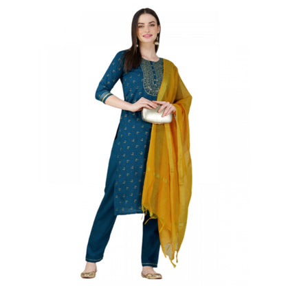 Generic Women's Casual 3-4 th Sleeve Embroidery Cotton Kurti Pant Dupatta Set (Blue )