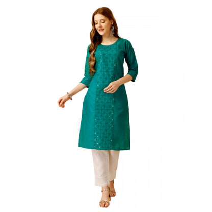 Generic Women's Casual 3-4 th Sleeve Embroidery Cotton Kurti Pant Set (Light Green)