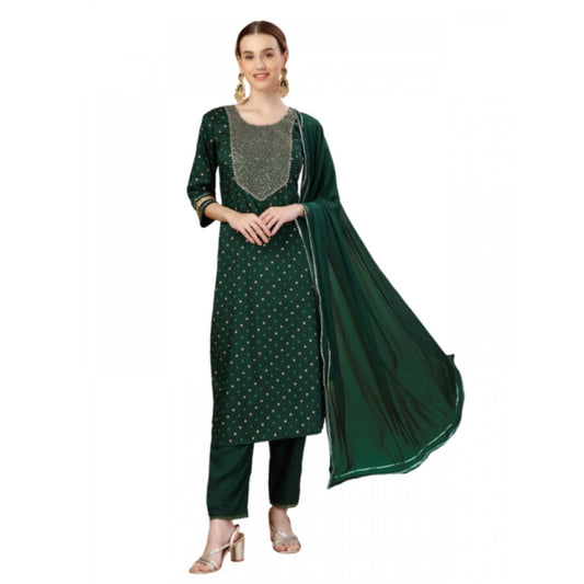 Generic Women's Casual 3-4 th Sleeve Embroidery Silk Blend Kurti Pant Dupatta Set (Dark Green)