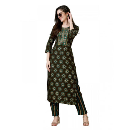 Generic Women's Casual 3-4 th Sleeve Embroidery Rayon Kurti Pant Set (Brown)