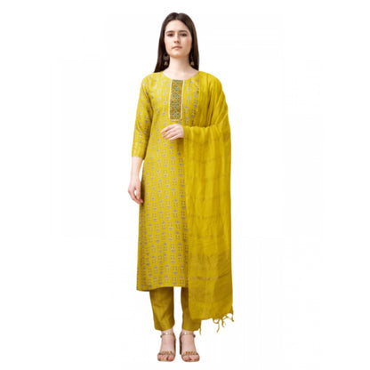 Generic Women's Casual 3-4 th Sleeve Embroidery Rayon Kurti Pant Dupatta Set (Yellow)