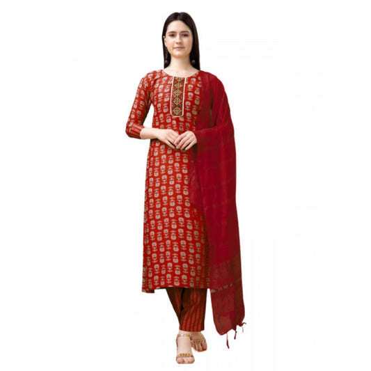 Generic Women's Casual 3-4 th Sleeve Embroidery Rayon Kurti Pant Dupatta Set (Maroon)