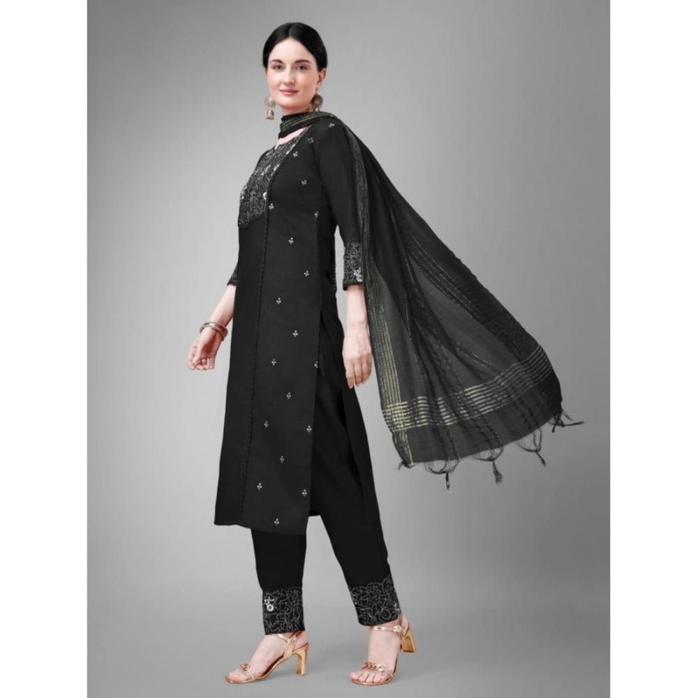 Generic Women's Casual 3-4 th Sleeve Embroidery Cotton Kurti Pant Dupatta Set (Black)