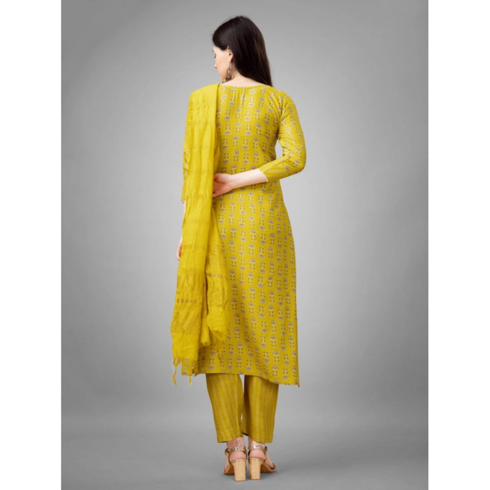 Generic Women's Casual 3-4 th Sleeve Embroidery Rayon Kurti Pant Dupatta Set (Yellow)