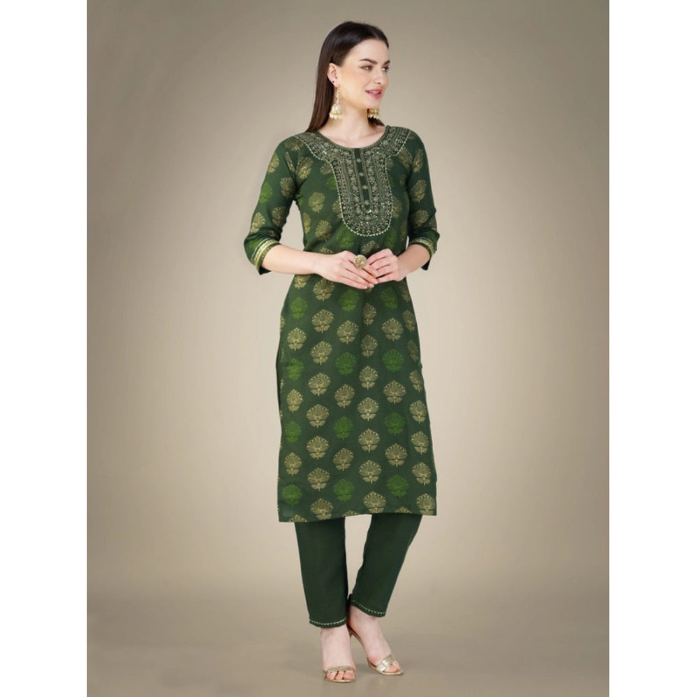 Generic Women's Casual 3-4 th Sleeve Embroidery Cotton Kurti Pant Dupatta Set (Dark Green)