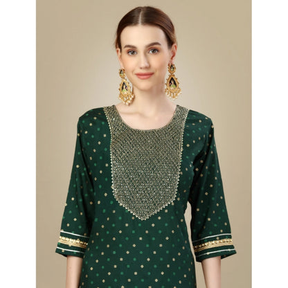 Generic Women's Casual 3-4 th Sleeve Embroidery Silk Blend Kurti Pant Dupatta Set (Dark Green)