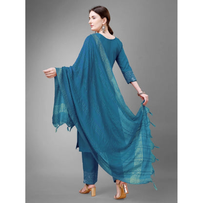 Generic Women's Casual 3-4 th Sleeve Embroidery Cotton Kurti Pant Dupatta Set (Blue )