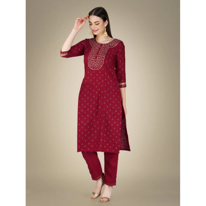 Generic Women's Casual 3-4 th Sleeve Embroidery Cotton Kurti Pant Dupatta Set (Maroon)